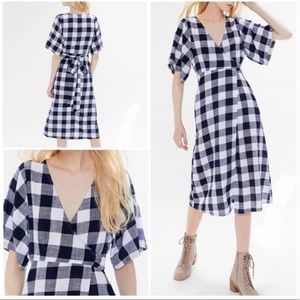 UO Kayla Gingham Surplice Wrap Midi Dress